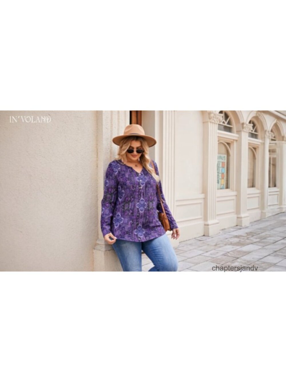 Plus Size Long Sleeve V-Neck Tunic Top with Pleated Chest - Picture 6 of 6